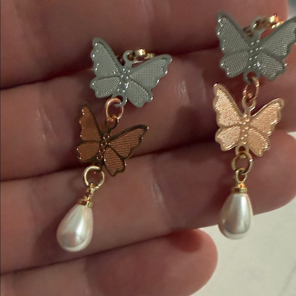 Butterfly Pearl Drop Earrings - Picture 2 of 2